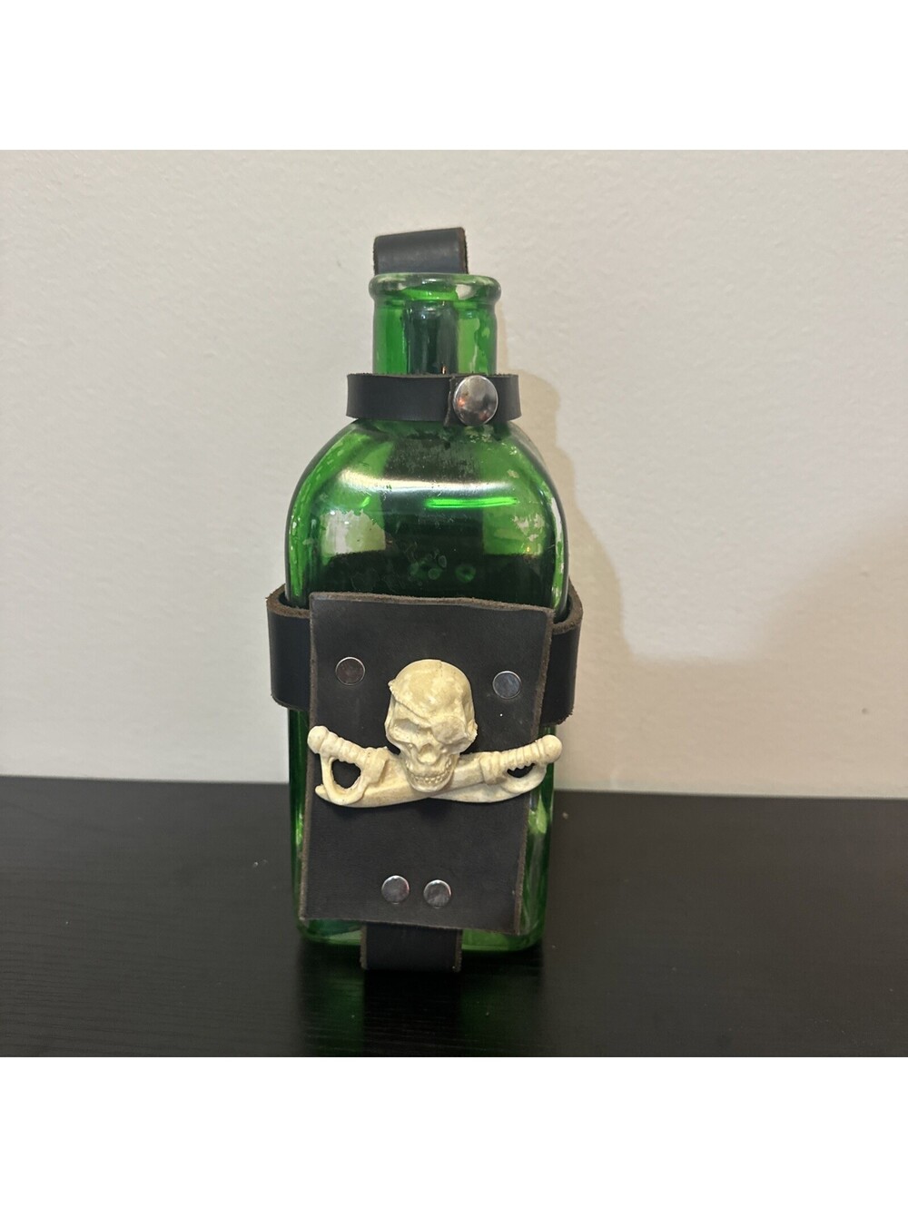 Vintage Decanter Leather Wrapped W/Skull And Crossbones Glass Green Bottle 10”